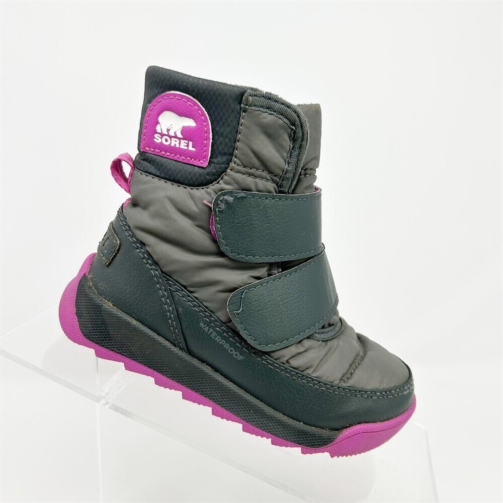 Sorel Kids Whitney II Strap Winter Snow Boots Gray Charcoal Purple Size 8